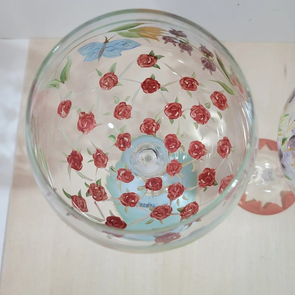 Handpainted Wine Glasses Set of 2‎ Butterflies Roses Floral Design Unique Gift